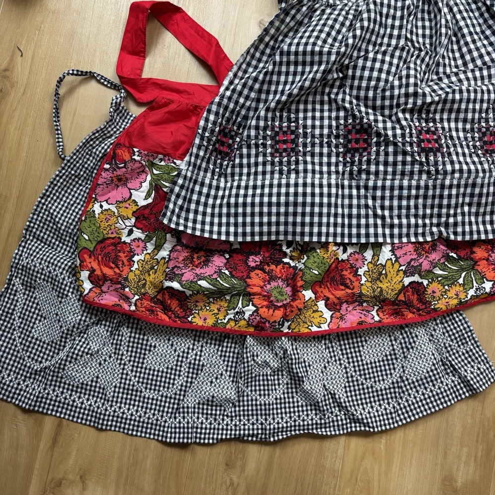 Vintage Handmade Kitchen Apron Lot (3) Cloth Hand stitched Floral Cross Stitch
